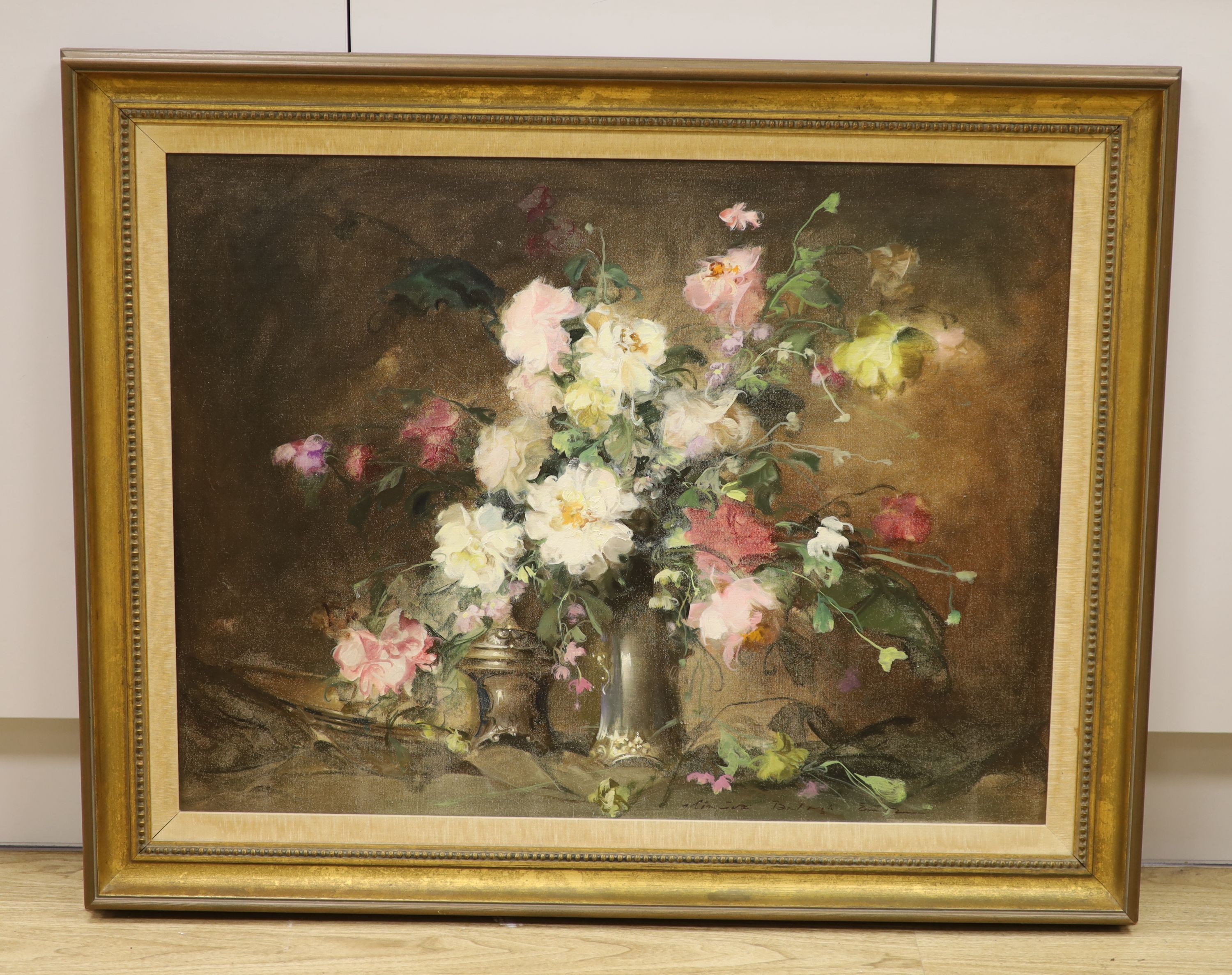 Endre Kompoczy Balogh (1911-1977), oil on canvas, Mixed blossoms, signed, with 1963 Stacey Marks label verso, 59 x 78cm